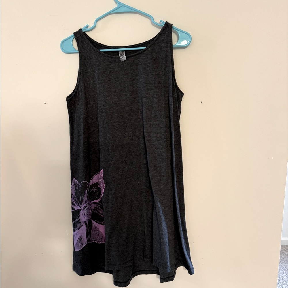 Dark grey sleeveless dress with purple flower by Instant Message